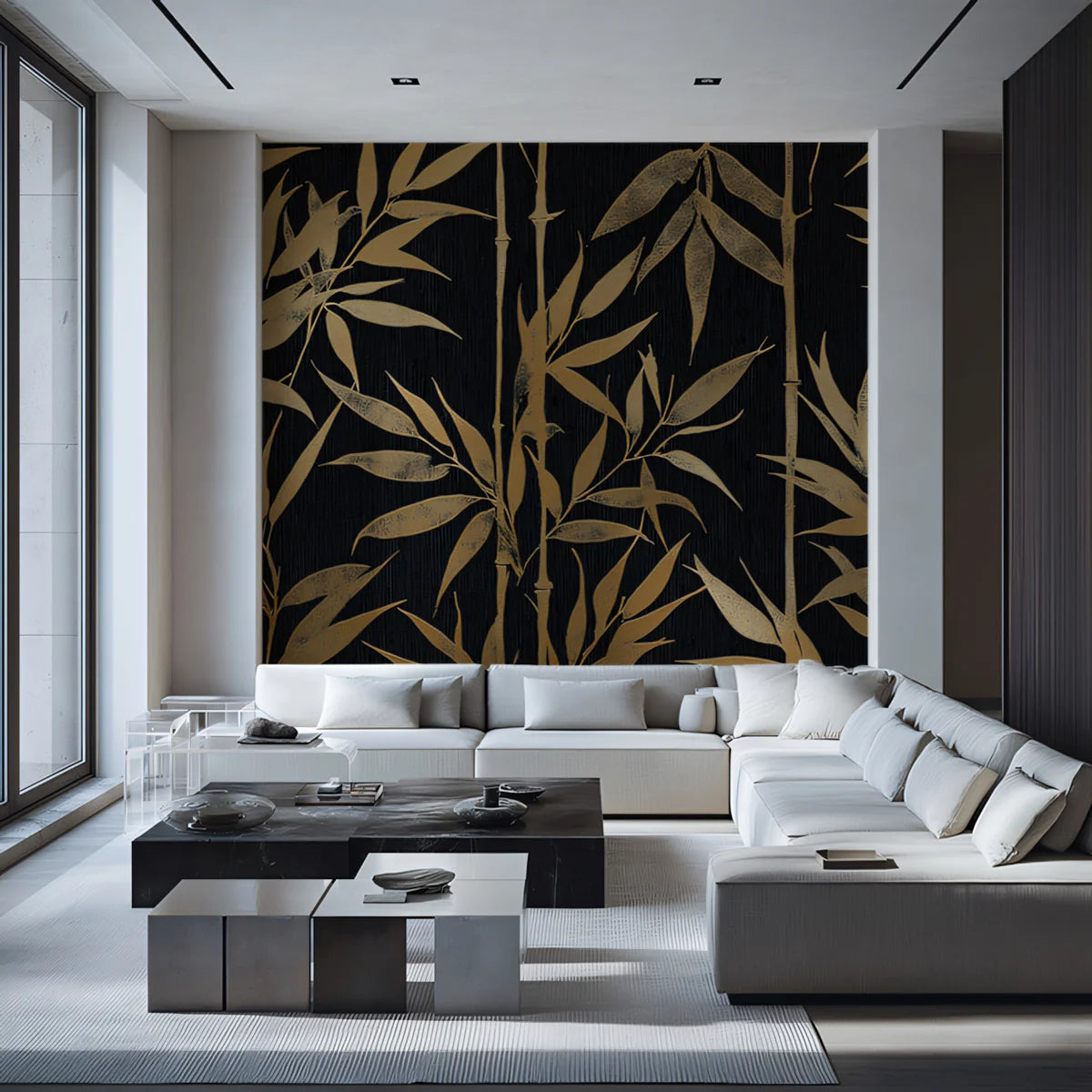 Golden Bamboo Stalks Mural Wallpaper in Midnight Black Mural Wallpaper - room preview 02