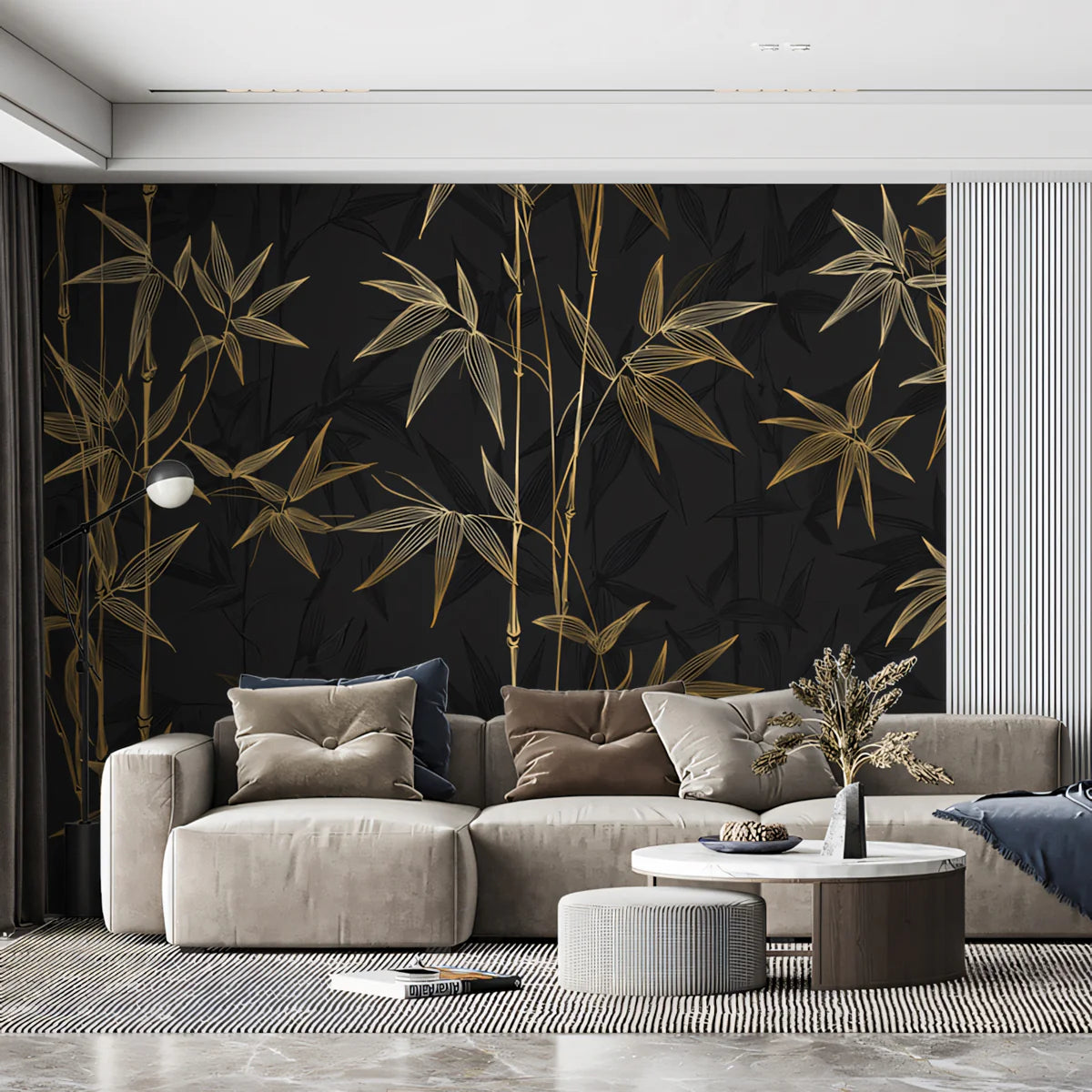 Golden Bamboo Botanical Mural Wallpaper in Charcoal Gray Mural Wallpaper - room preview 02