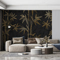 Golden Bamboo Botanical Mural Wallpaper in Charcoal Gray Mural Wallpaper - room preview 02