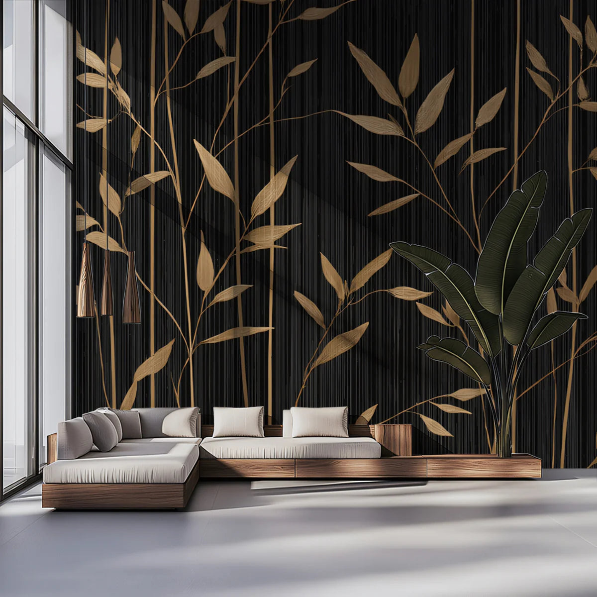 Gilded Bamboo Stalks Mural Wallpaper — Sophisticated Black & Gold Mural Wallpaper - room preview 02