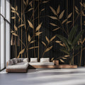 Gilded Bamboo Stalks Mural Wallpaper — Sophisticated Black & Gold Mural Wallpaper - room preview 02