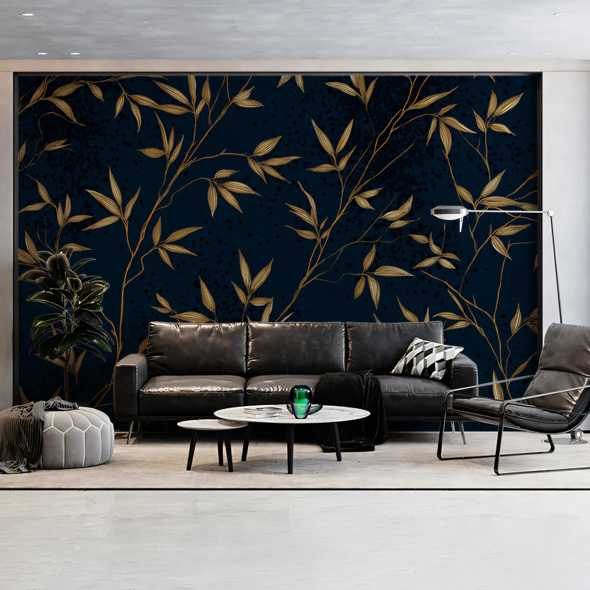 Golden Bamboo Botanical Mural Wallpaper — Midnight Blue Design Mural Wallpaper - room preview 02