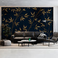 Golden Bamboo Botanical Mural Wallpaper — Midnight Blue Design Mural Wallpaper - room preview 02