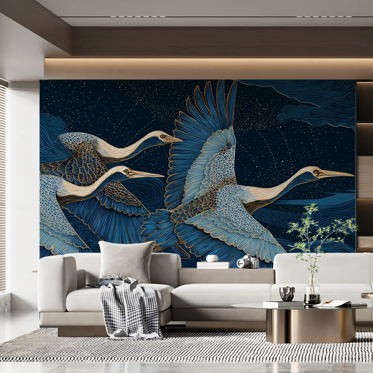 Flying Cranes Mural Wallpaper — Midnight Blue and Gold Mural Wallpaper - room preview 02