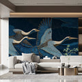 Flying Cranes Mural Wallpaper — Midnight Blue and Gold Mural Wallpaper - room preview 02