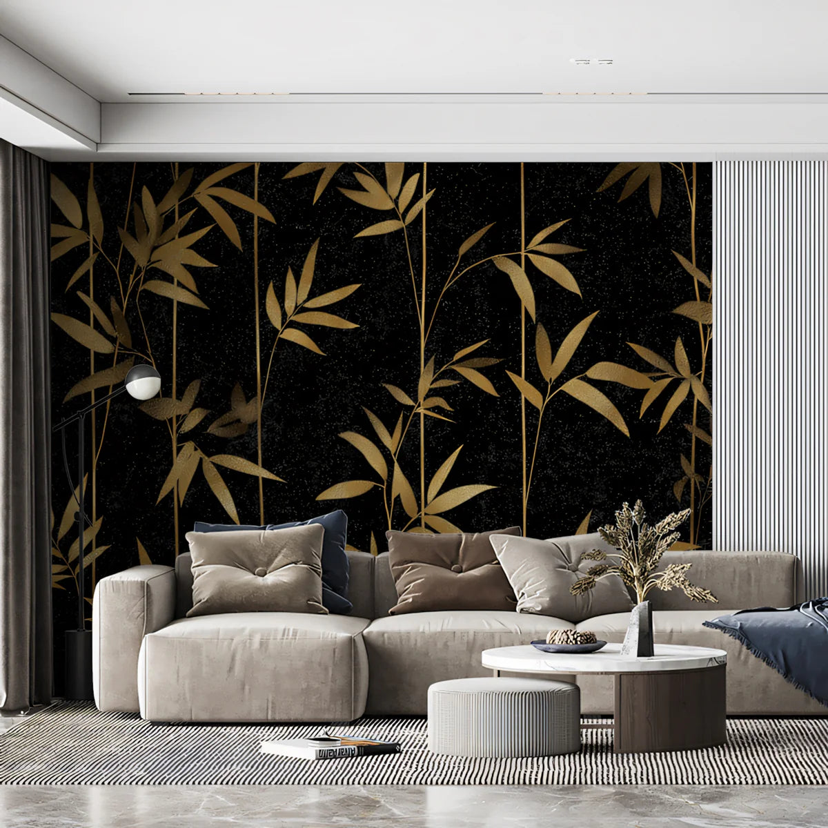Gilded Bamboo Stalks Mural Wallpaper — Dramatic Botanical Pattern Mural Wallpaper - room preview 02