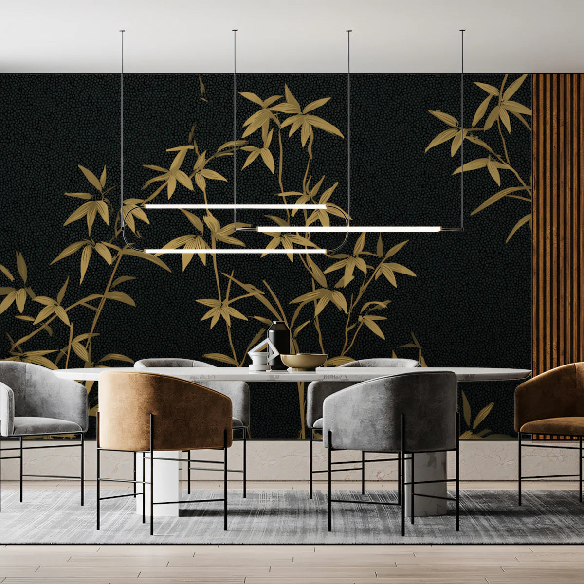 Golden Bamboo Botanical Mural Wallpaper in Charcoal Mural Wallpaper - room preview 02