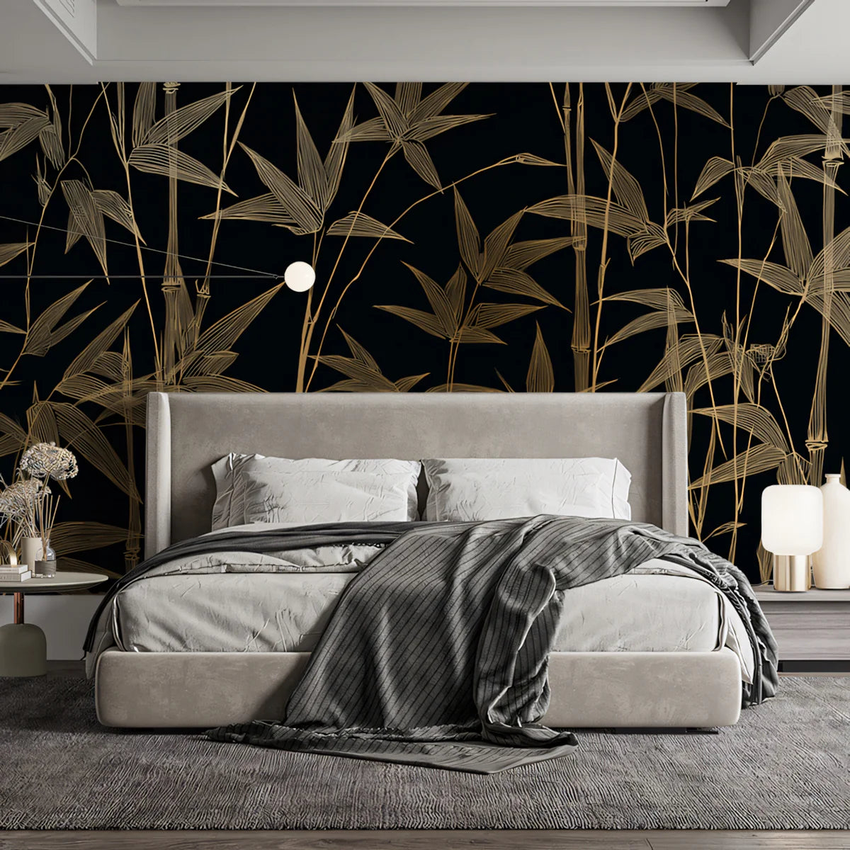 Golden Bamboo Line Art Mural Wallpaper — Sophisticated Dark Decor Mural Wallpaper - room preview 02
