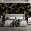 Golden Bamboo Line Art Mural Wallpaper — Sophisticated Dark Decor Mural Wallpaper - room preview 02