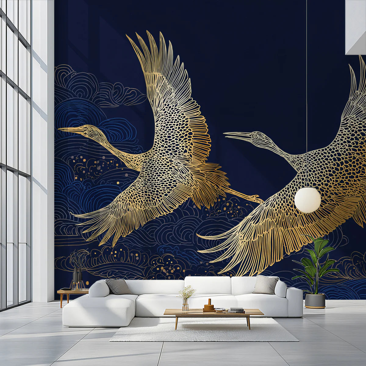 Golden Cranes and Clouds Mural Wallpaper — Traditional Asian Art Mural Wallpaper - room preview 02