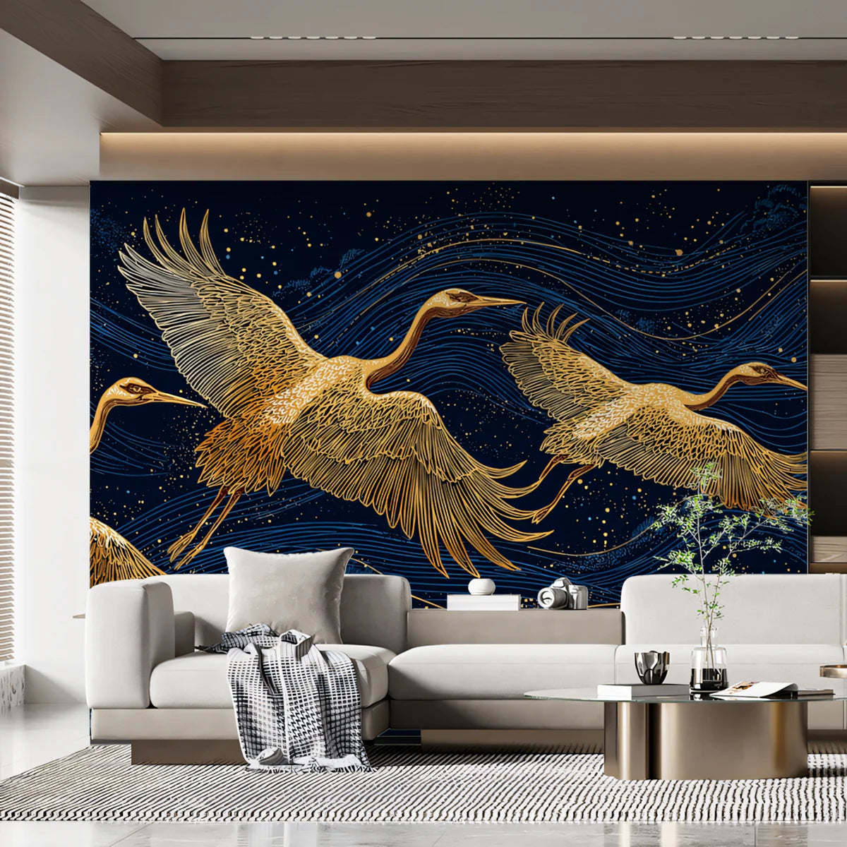 Gilded Crane Flight Mural Wallpaper — Midnight Celestial Design Mural Wallpaper - room preview 02