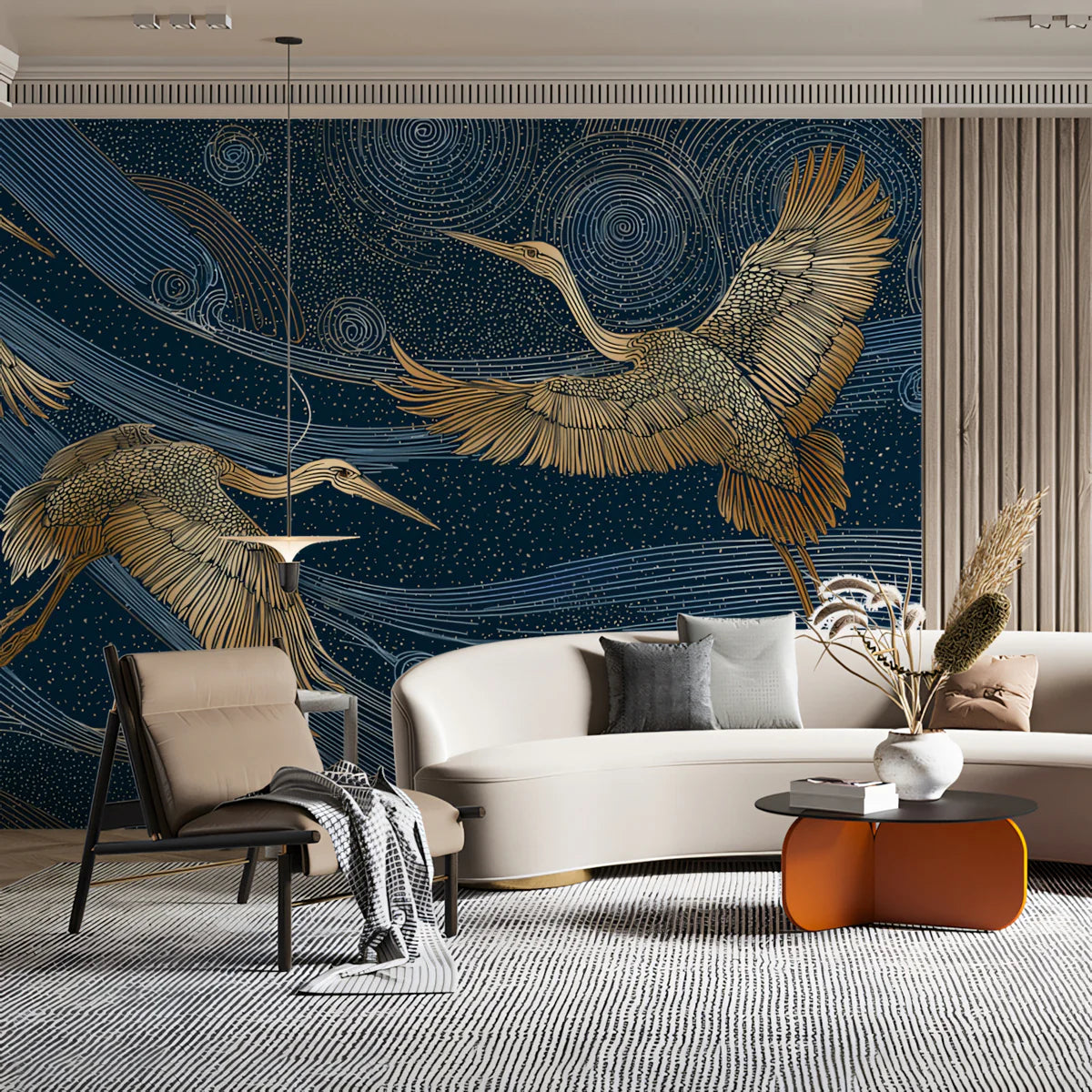 Golden Cranes & Celestial Swirls Mural Wallpaper — Art Deco Style Mural Wallpaper - room preview 02