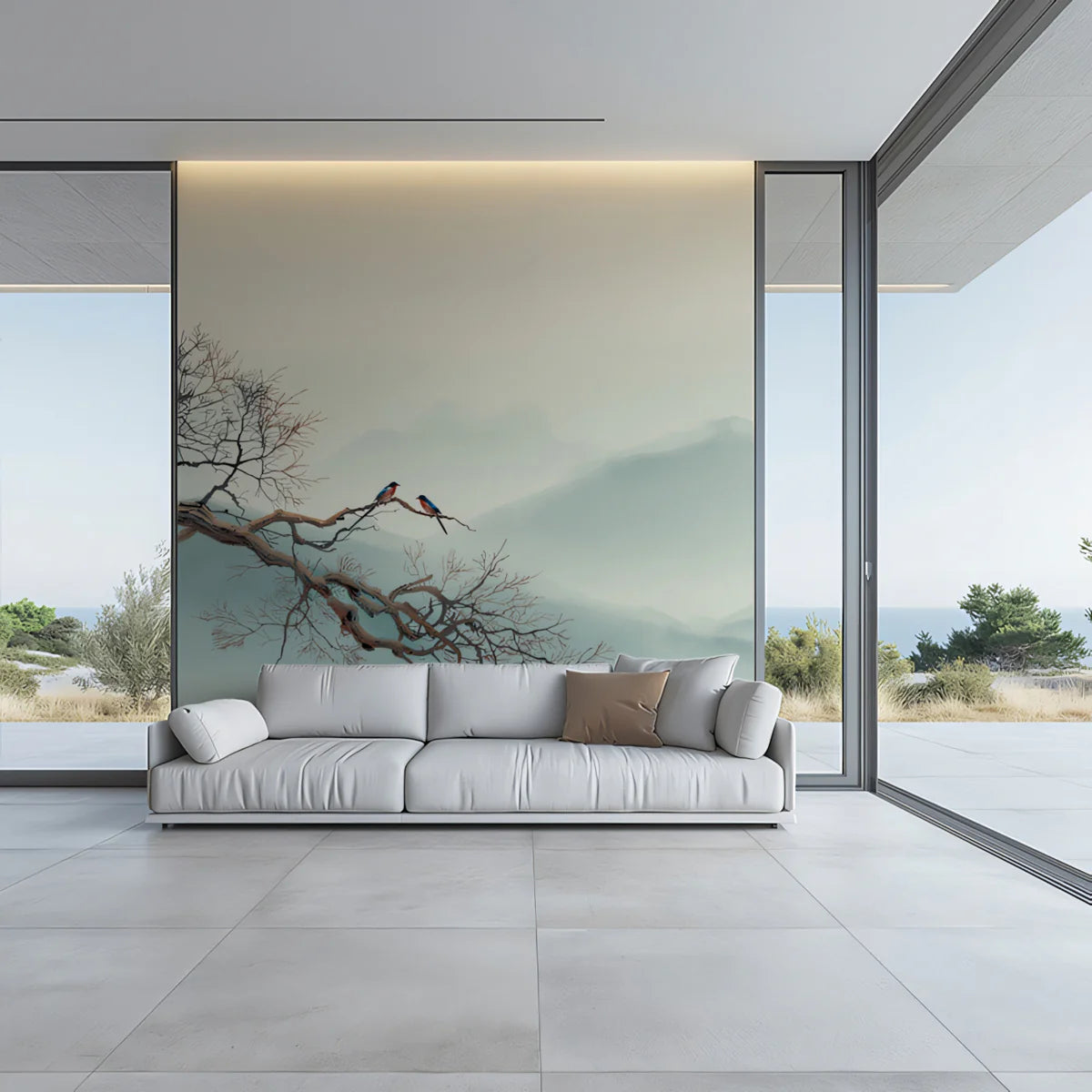 Misty Mountain Ink Wash Mural Wallpaper — Minimalist Zen Landscape Mural Wallpaper - room preview 02