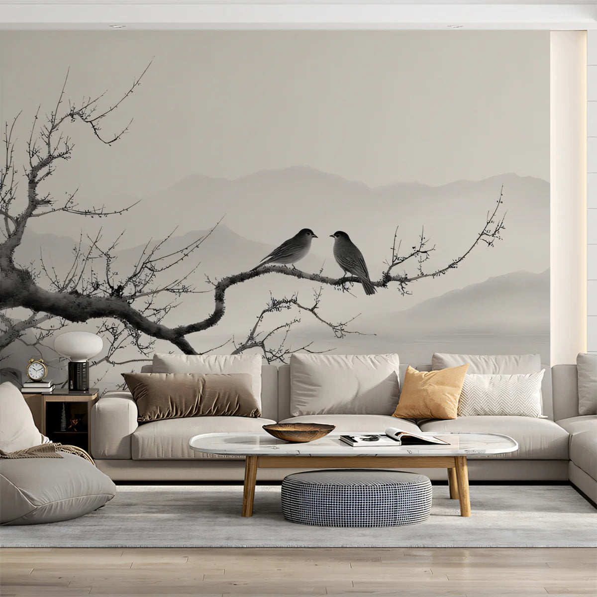Zen Birds and Mist Mural Wallpaper — Minimalist Ink Wash Art Mural Wallpaper - room preview 02