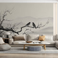 Zen Birds and Mist Mural Wallpaper — Minimalist Ink Wash Art Mural Wallpaper - room preview 02