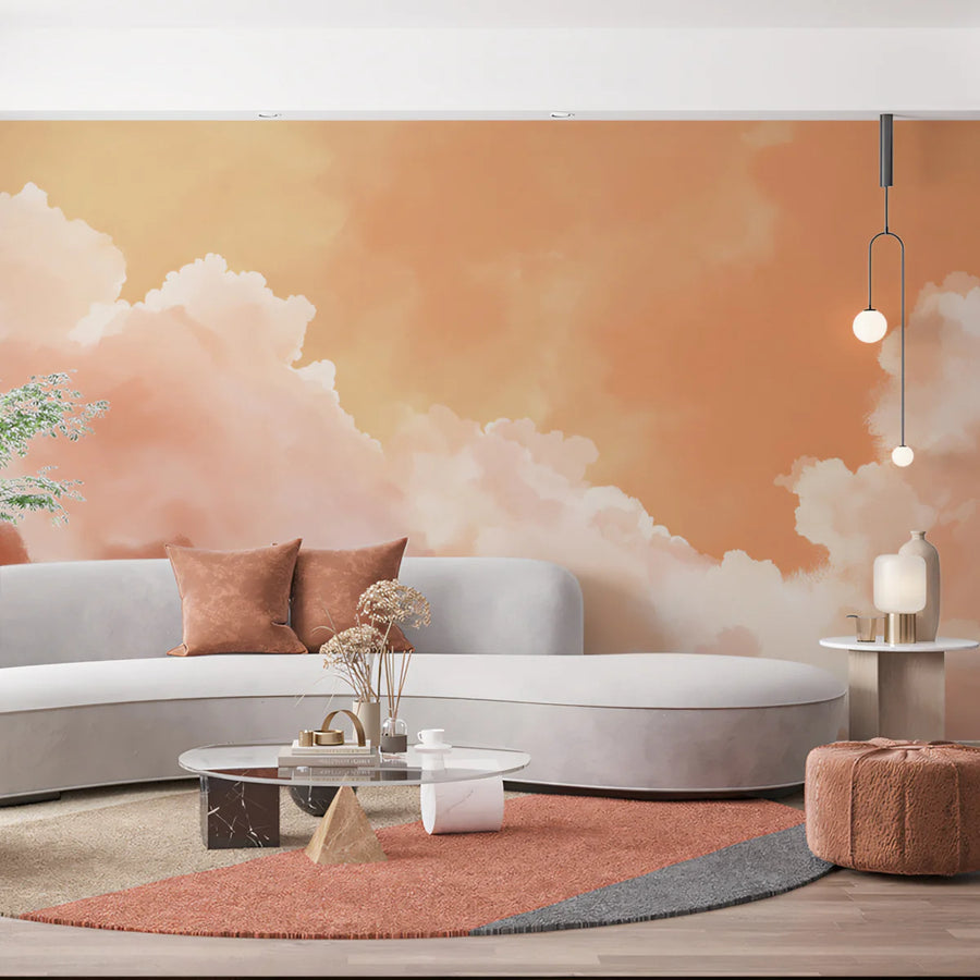 Sonnenuntergang Wolken Aquarell Wandbild Tapete — Abstraktes warmes Pfirsichhimmel Wandbild Tapete
