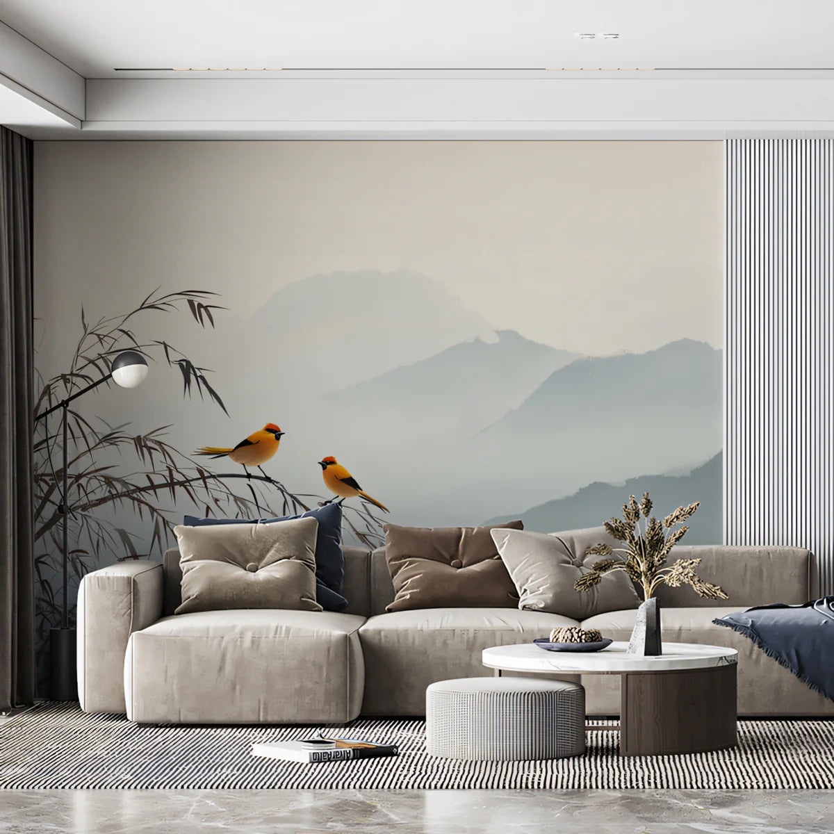 Misty Mountain Bird Mural Wallpaper — Minimalist Ink Wash Style Mural Wallpaper - room preview 02