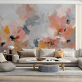 Abstract Impressionist Floral Mural Wallpaper — Soft Peach & Gray Mural Wallpaper - room preview 02