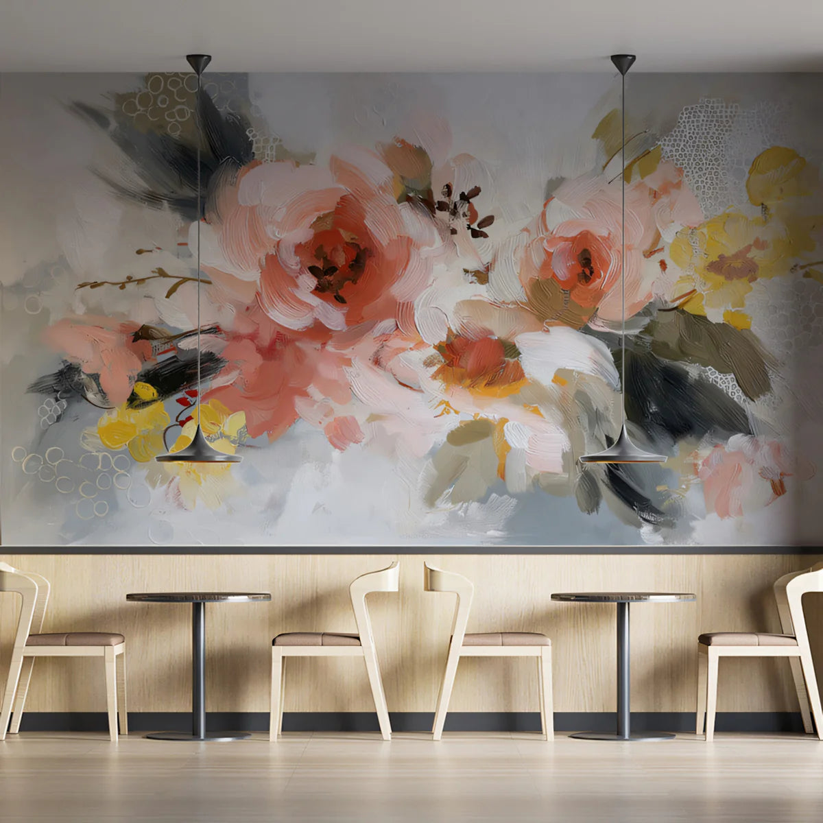Impressionist Floral Mural Wallpaper — Soft Peach and Ochre Bouquet Mural Wallpaper - room preview 02