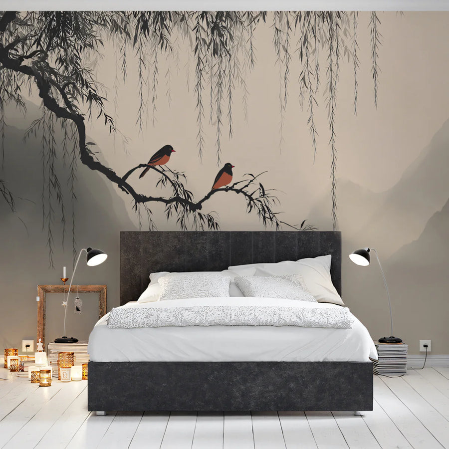 Chinoiserie Wallpaper Mural – Chinese Style Wall Mural – Zen Willow Tree — Minimalist Bird Landscape