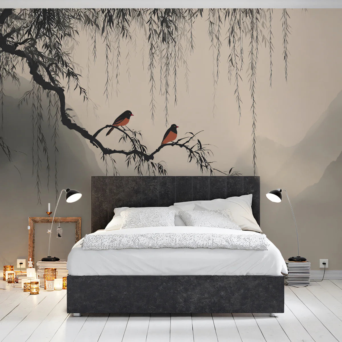 Zen Willow Tree Mural Wallpaper — Minimalist Bird Landscape Mural Wallpaper - room preview 02