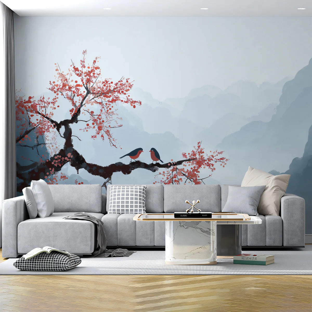 Cherry Blossom Mountain Mural Wallpaper — Ink Wash Style Landscape Mural Wallpaper - room preview 02