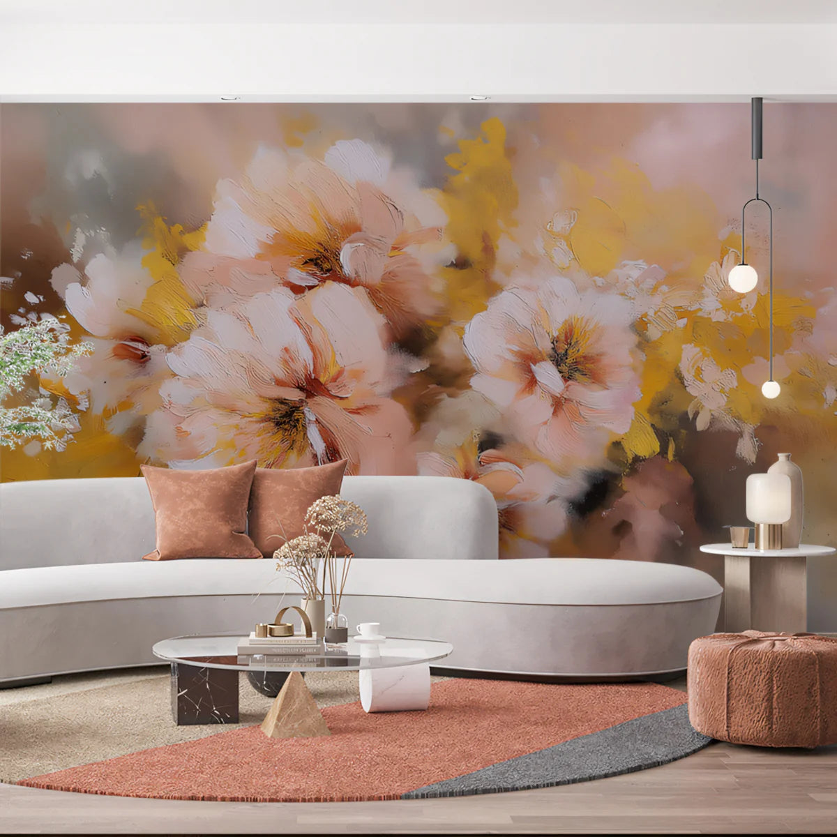 Impressionist Floral Mural Wallpaper — Soft Peach and Golden Hues Mural Wallpaper - room preview 02