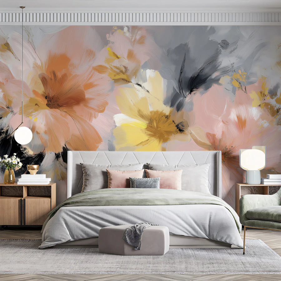 Papier peint mural abstrait floral « Bloom » – Papier peint mural pêche et gris anthracite