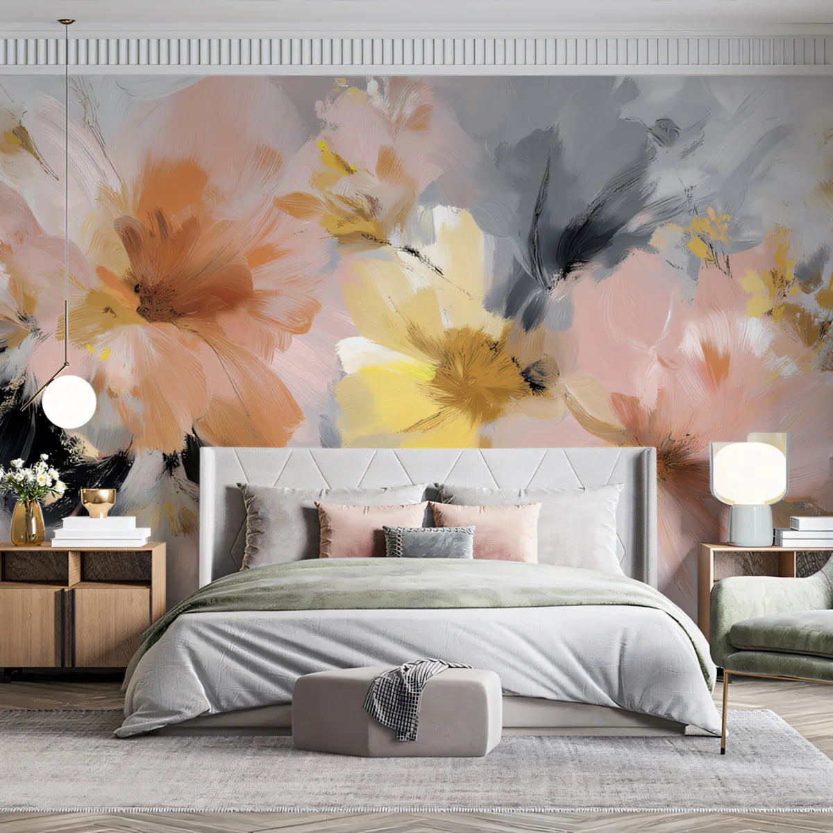 Abstract Floral Bloom Mural Wallpaper — Peach and Charcoal Gray Mural Wallpaper - room preview 02