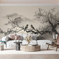 Zen Plum Blossom Mural Wallpaper — Traditional Ink Wash Mountain Art Mural Wallpaper - room preview 02