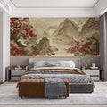 East Asian Landscape Mural Wallpaper — Red Blossom Mountain Scene Mural Wallpaper - room preview 02
