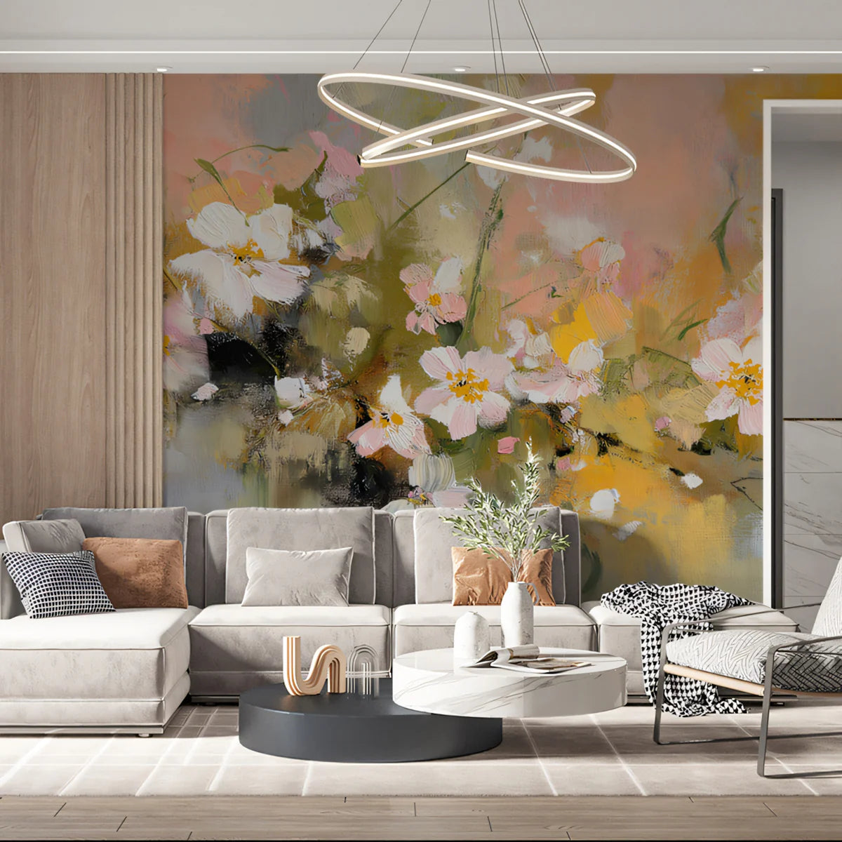 Abstract Meadow Floral Mural Wallpaper — Painterly Soft Blush Mural Wallpaper - room preview 02
