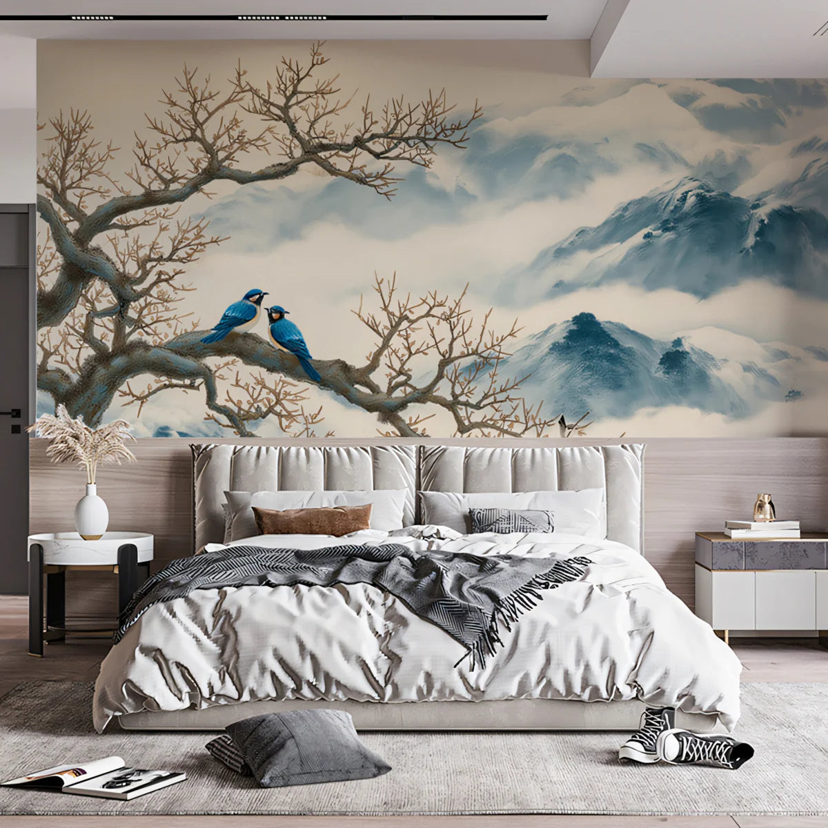 Blue Bird & Misty Mountain Ink Wash Mural Wallpaper - room preview 02