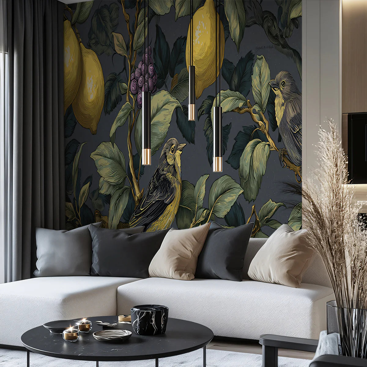 Vintage Lemon and Bird Mural Wallpaper — Charcoal Botanical Pattern Mural Wallpaper - room preview 02