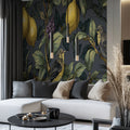Vintage Lemon and Bird Mural Wallpaper — Charcoal Botanical Pattern Mural Wallpaper - room preview 02