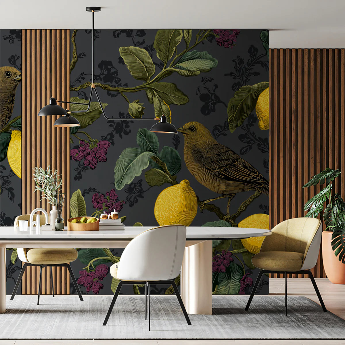 Vintage Lemon and Songbird Mural Wallpaper in Dark Charcoal Mural Wallpaper - room preview 02