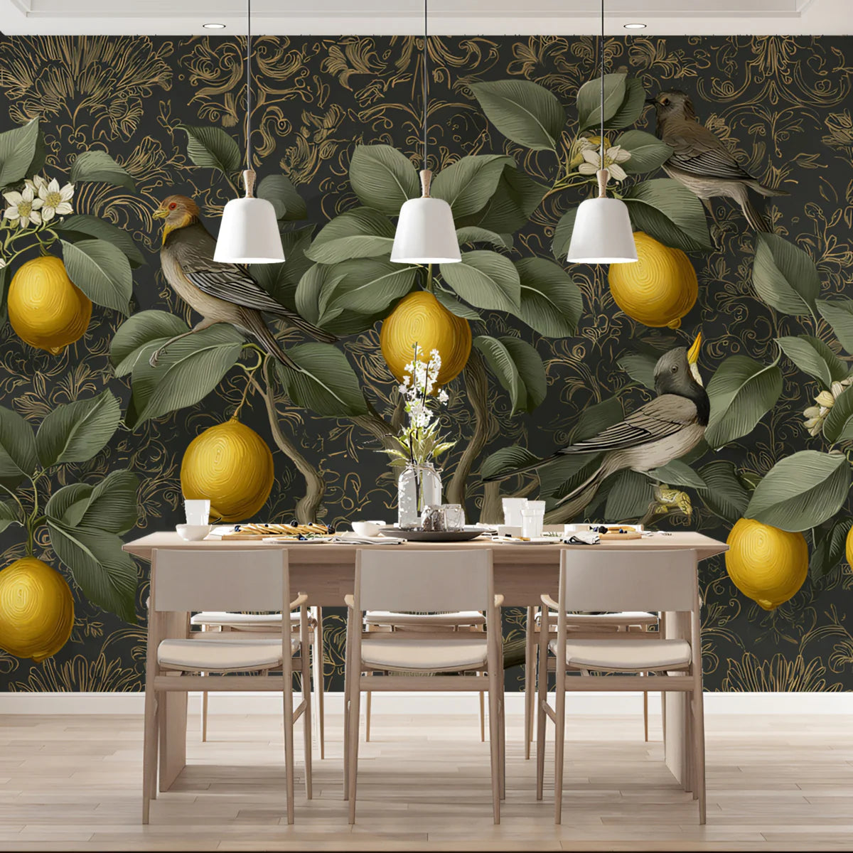 Lemon Tree Botanical Mural Wallpaper — Dark Damask Backdrop Mural Wallpaper - room preview 02