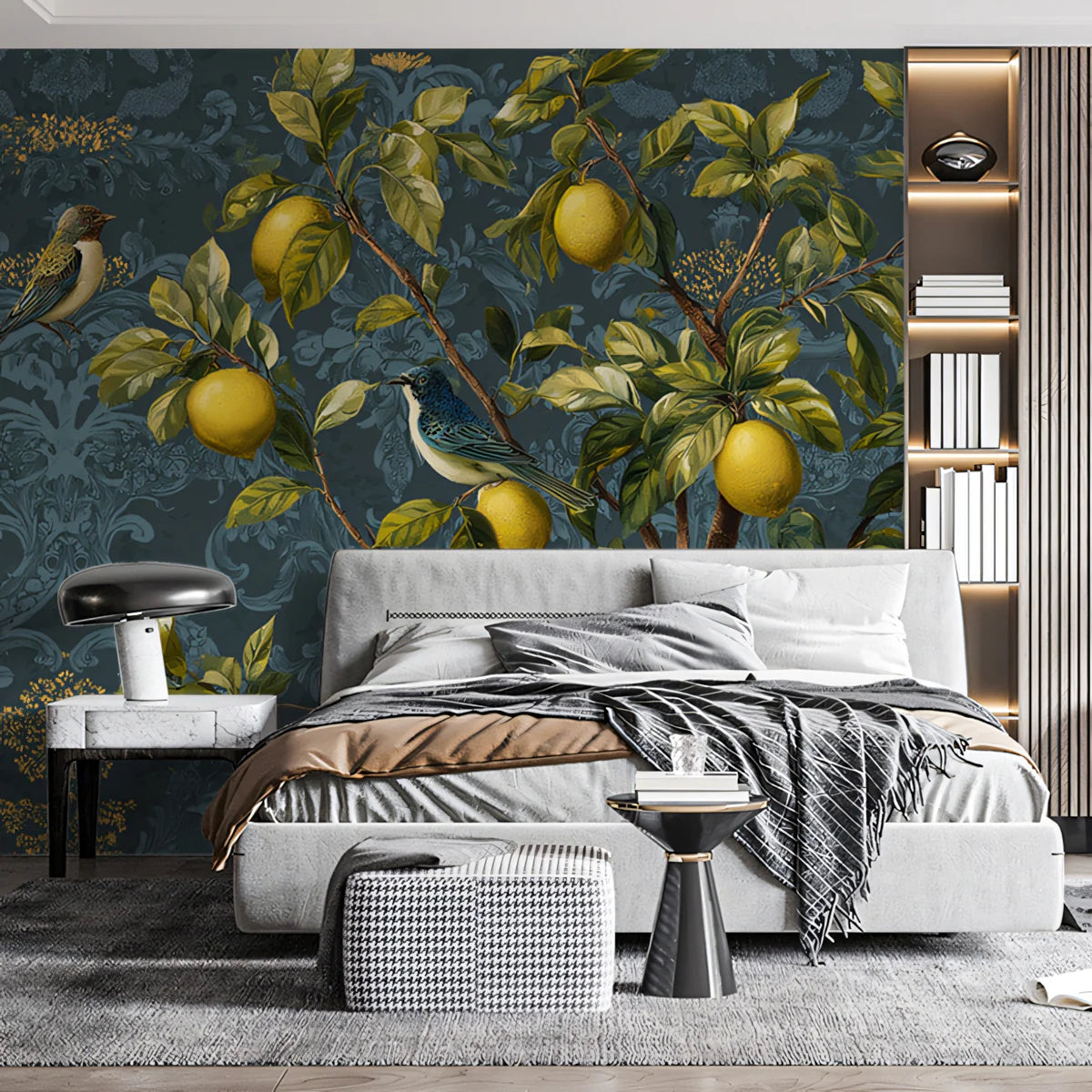 Lemon Tree Damask Mural Wallpaper —Teal and Gold Botanical Mural Wallpaper - room preview 02