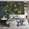 Lemon Tree Damask Mural Wallpaper —Teal and Gold Botanical Mural Wallpaper - room preview 02
