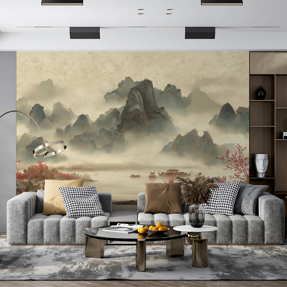 Misty River Landscape Mural Wallpaper — Traditional Ink Scenery Mural Wallpaper - room preview 02