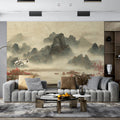 Misty River Landscape Mural Wallpaper — Traditional Ink Scenery Mural Wallpaper - room preview 02