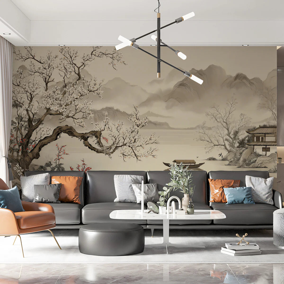 Oriental Blossom Tree Mural Wallpaper — Traditional Ink Landscape Mural Wallpaper - room preview 02
