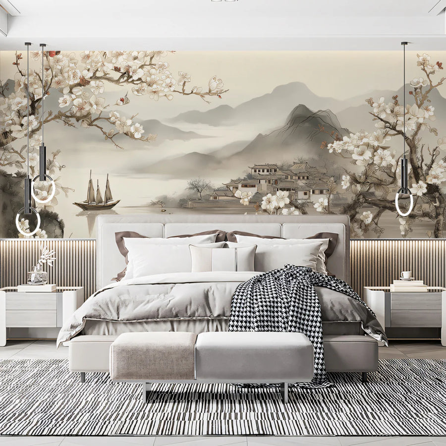 Landscape Wallpaper Mural – Scenery Wall Mural – Oriental Plum Blossom Landscape — Ink Wash Style