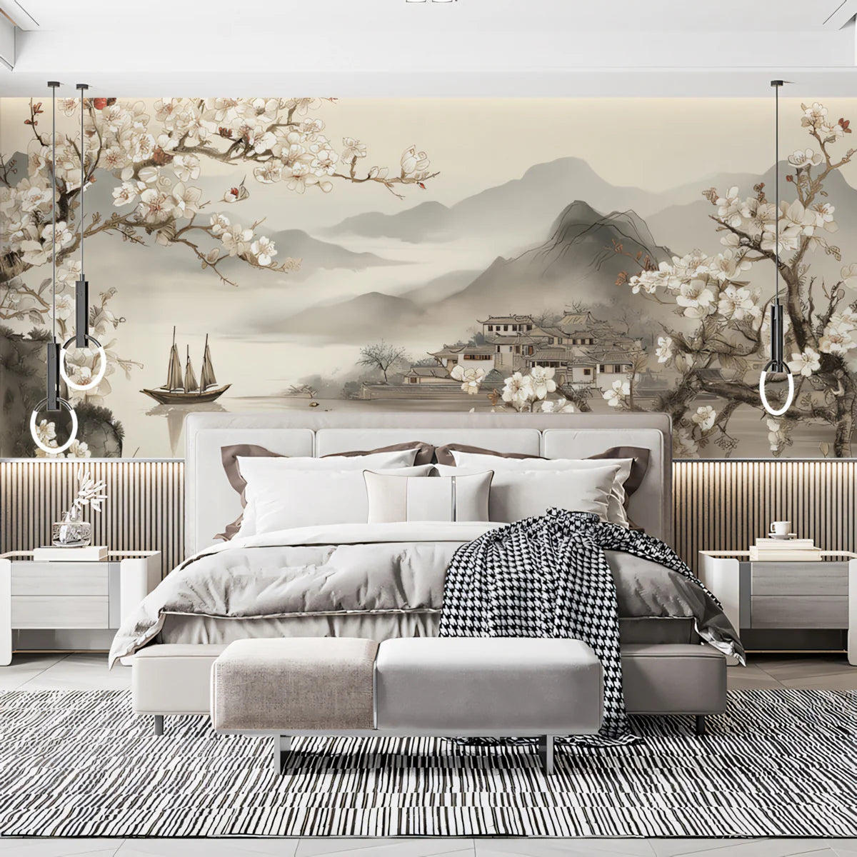 Oriental Plum Blossom Landscape Mural Wallpaper — Ink Wash Style Mural Wallpaper - room preview 02