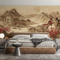 Vintage Chinese River Landscape Mural Wallpaper with Red Florals Mural Wallpaper - room preview 02
