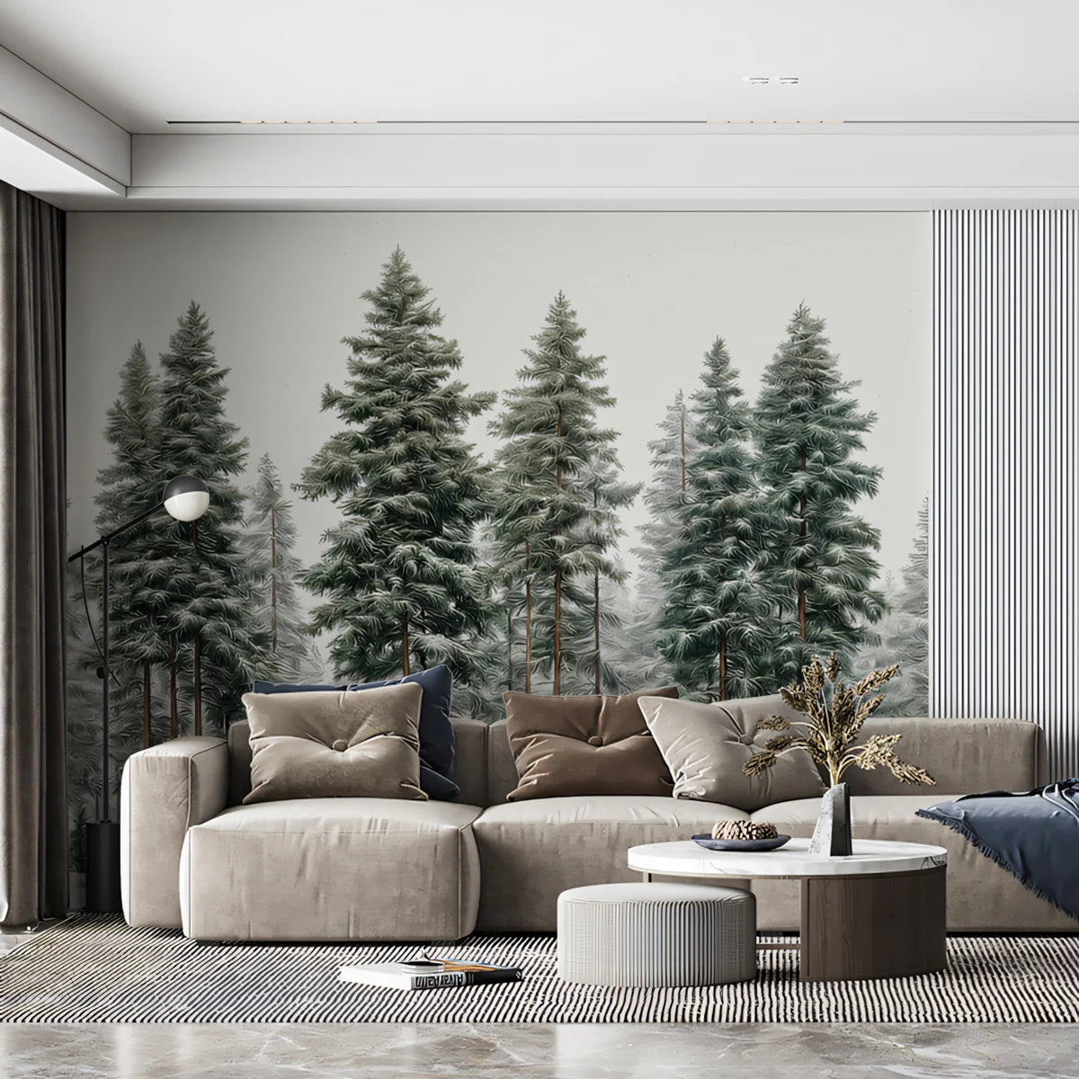 Snowy Pine Forest Mural Wallpaper — Impressionistic Winter Landscape Mural Wallpaper - room preview 02