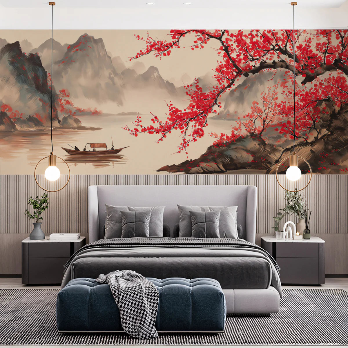 Red Plum Blossom Landscape Mural Wallpaper — Artistic River Scene Mural Wallpaper - room preview 02
