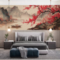 Red Plum Blossom Landscape Mural Wallpaper — Artistic River Scene Mural Wallpaper - room preview 02