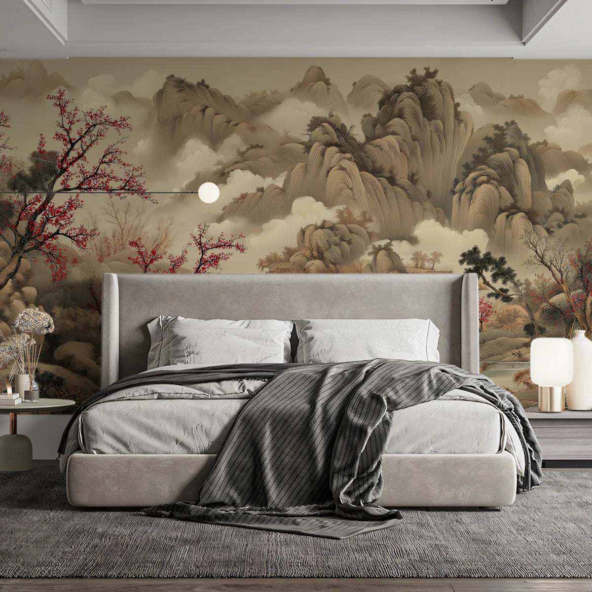 Chinese Landscape Mural Wallpaper with Red Plum Blossom Art Mural Wallpaper - room preview 02