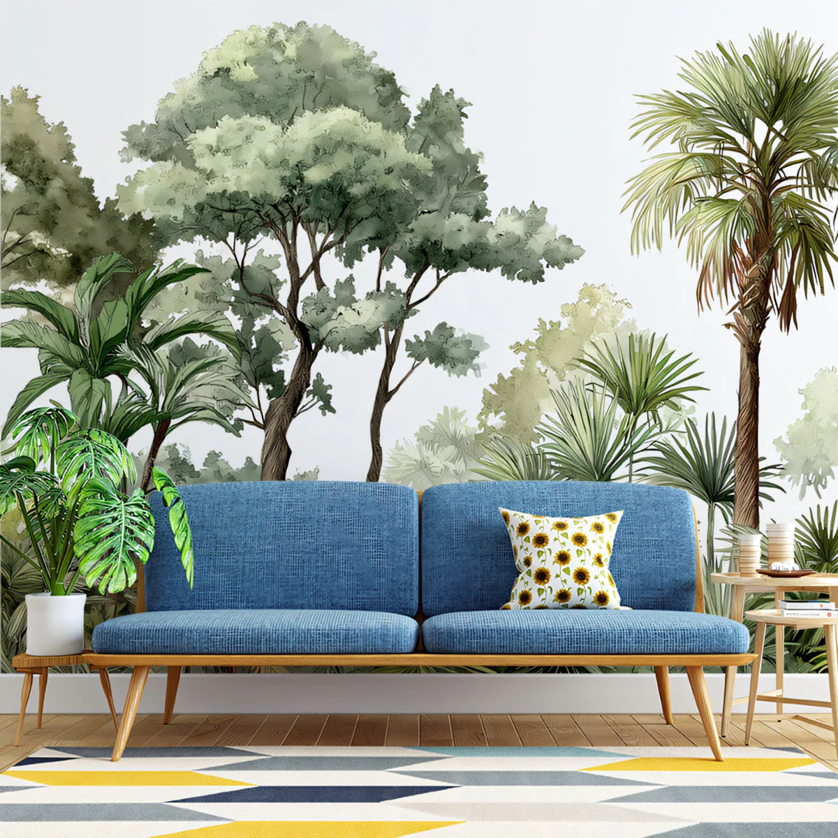 Watercolor Botanical Forest Mural Wallpaper — Lush Tropical Palm Mural Wallpaper - room preview 02